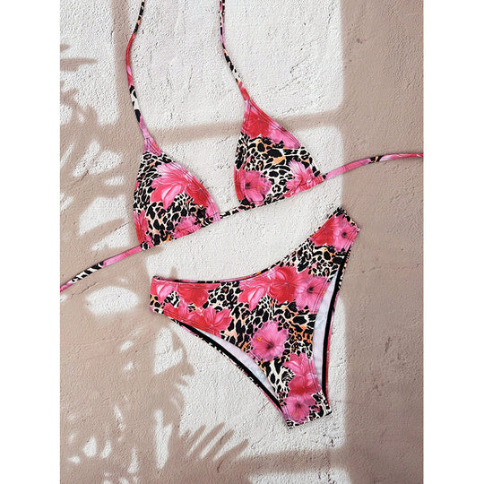 Damen Triangel-Bikini mit animalischem Muster und hohem Beinausschnitt EB