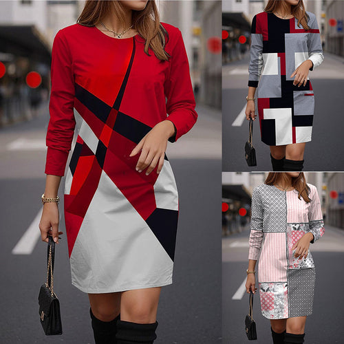 Damen Modisches Kleid mit geometrischem Muster und langen Ärmeln EB