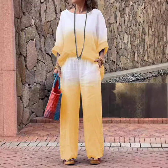 Damen lässiges Leinen-Outfit mit weiten Hosen und lockerer Bluse EB