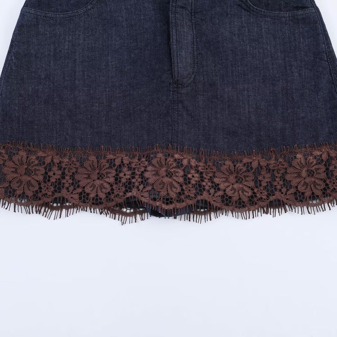 Damen Denimrock mit floraler Spitzenverzierung und fransigem Saum EB