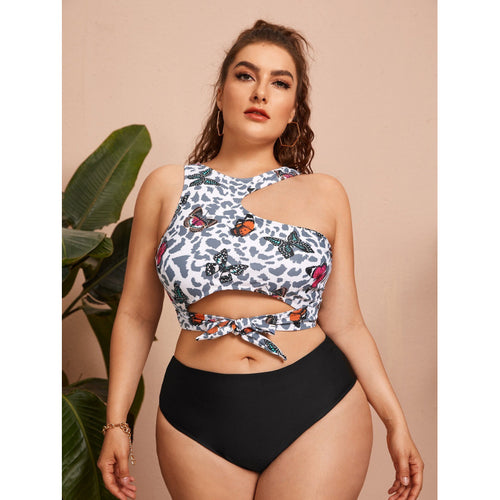 Damen Cut-Out Bikini mit modischem Blütenmuster und hohem Taillen-Slip EB