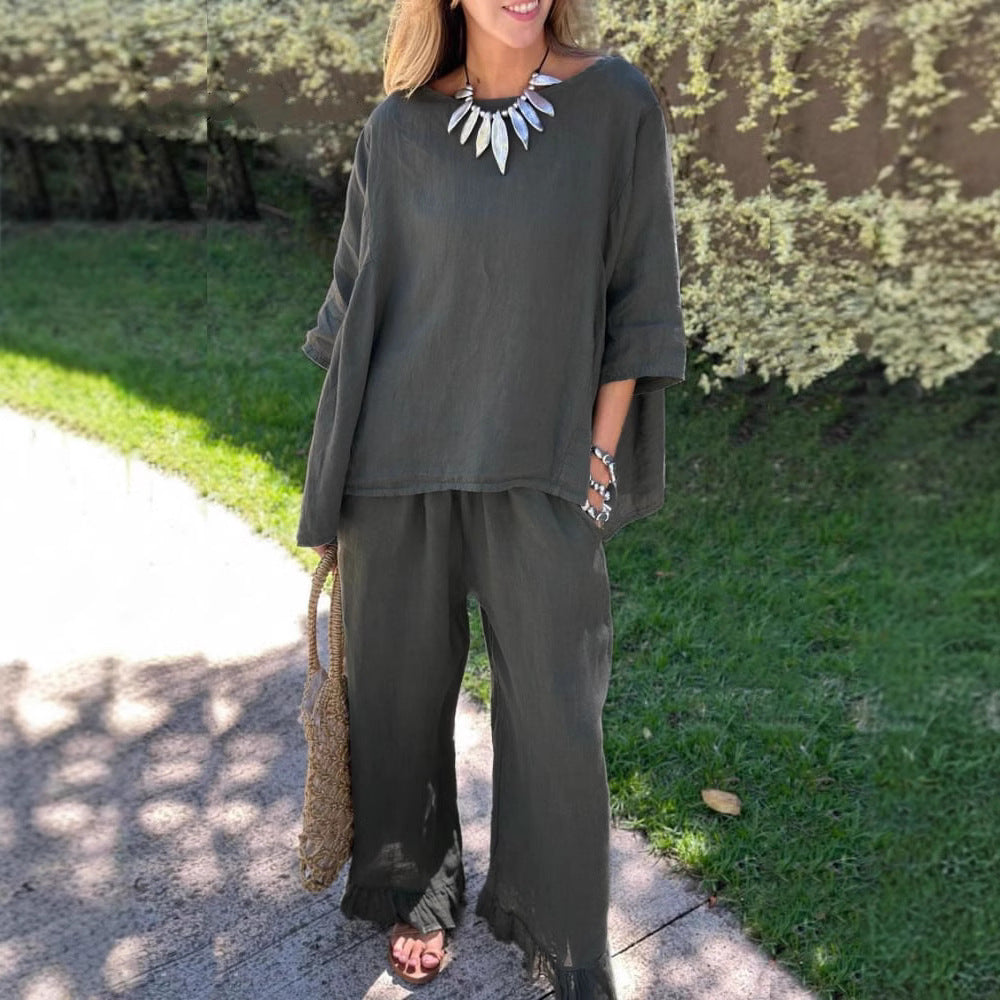 Damen lässiges Leinen-Outfit mit weitem Schnitt und angeschnittenen Ärmeln EB