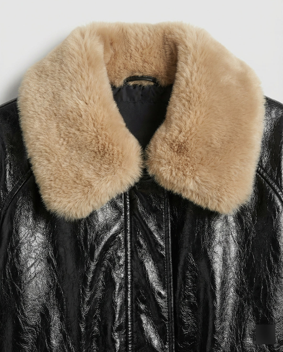 Damen kastig geschnittener Lederlook-Blouson mit abnehmbarem Teddykragen EB