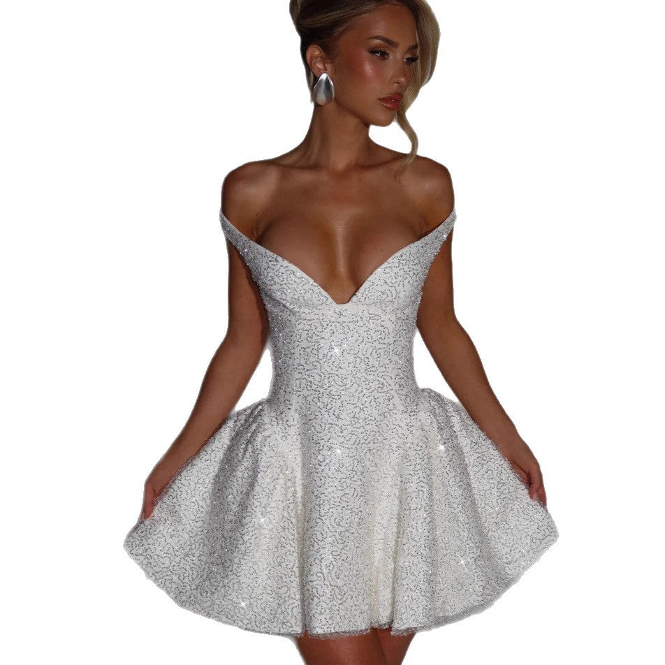 Damen Glamouröses Cocktailkleid mit schulterfreiem Design und funkelndem Paillettenbesatz EB