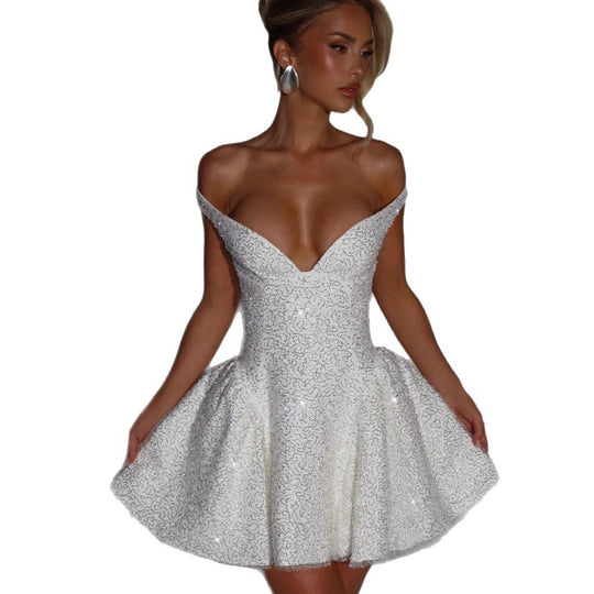Damen Glamouröses Cocktailkleid mit schulterfreiem Design und funkelndem Paillettenbesatz EB