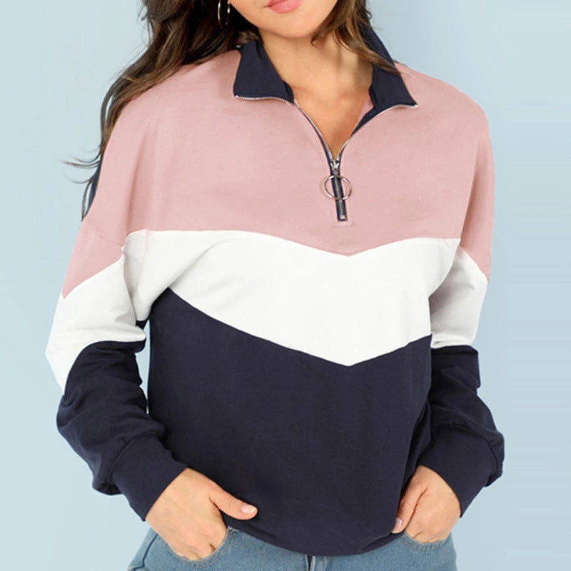 Damen sportlicher Sweatshirt mit hohem Kragen und farblich abgesetztem Design EB