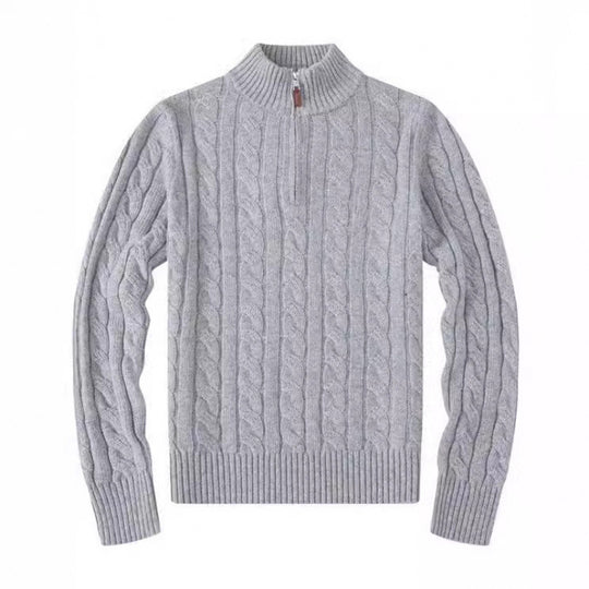Herren Kabelstrickpullover mit Halbzip und Stehkragen aus weicher Kaschmirmischung EB