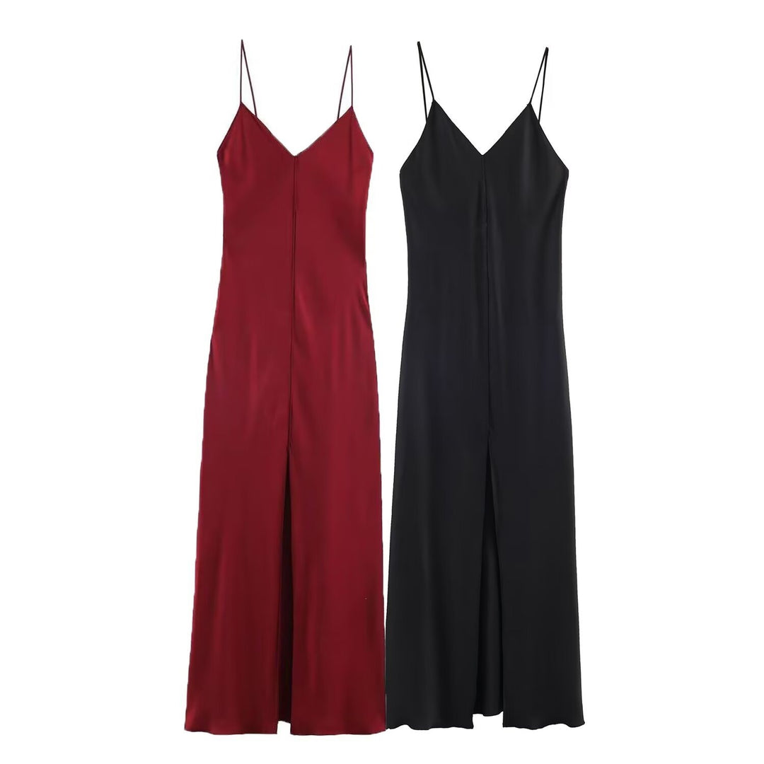 Damen elegantes Maxikleid mit schickem V-Ausschnitt und seitlichem Schlitz EB