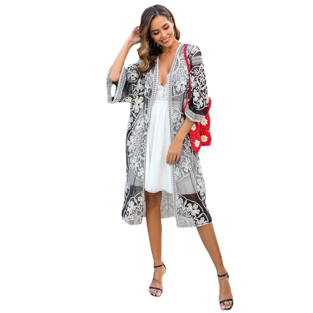 Damen elegante transparente Häkel-Strandüberwurfjacke EB
