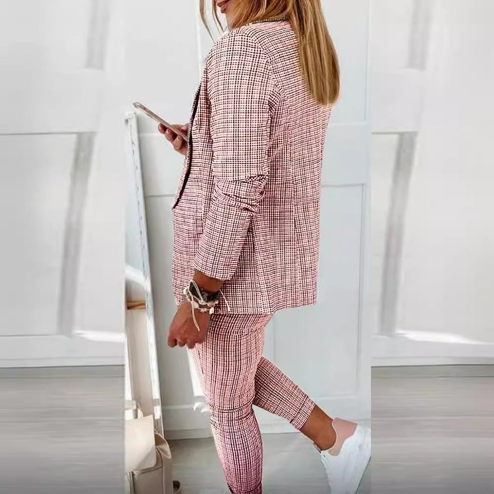 Damen nan zweiteiliges Karomuster Business-Casual Blazer-Set mit elastischer Bundhose EB