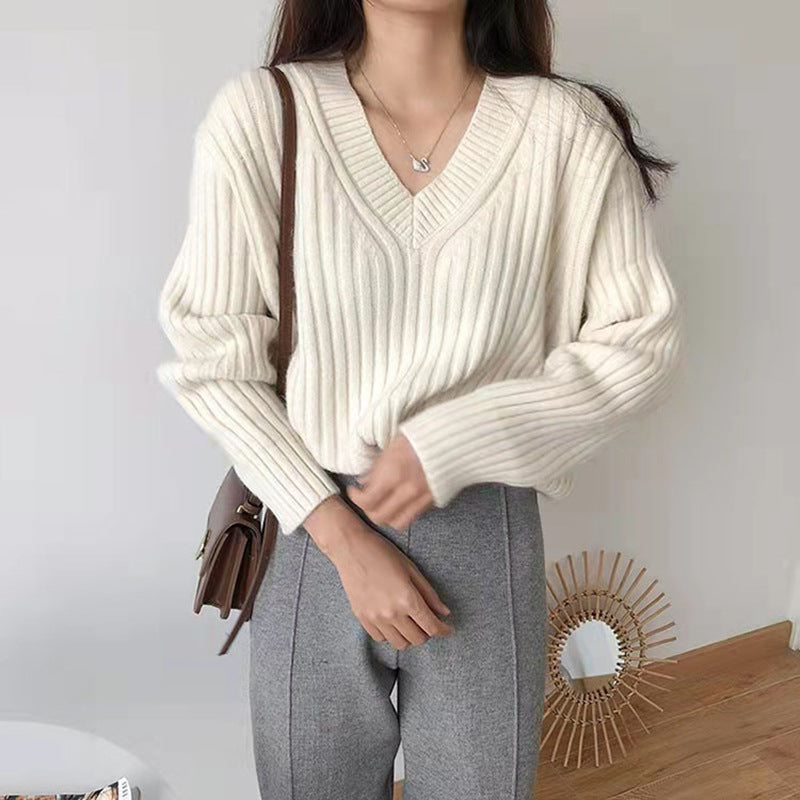 Damen Viskose-Strickpullover mit V-Ausschnitt und geripptem Design EB