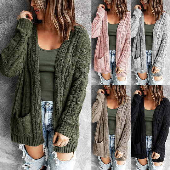 Damen Strickjacke mit modernem Zopfmuster und praktischen Taschen EB