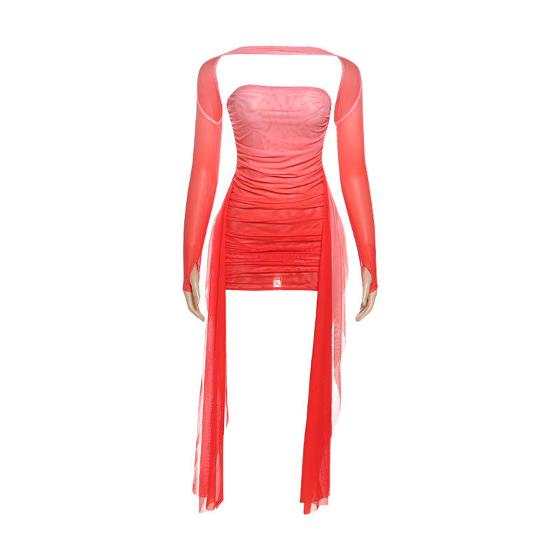 Damen Elegantes Minikleid mit raffinierten Rüschen und transparenten Ärmeln EB