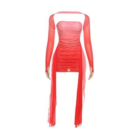 Damen Elegantes Minikleid mit raffinierten Rüschen und transparenten Ärmeln EB