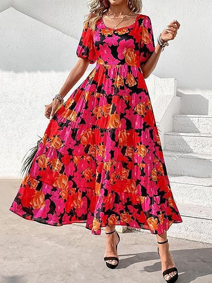Damen Midi-Kleid mit floralem Druck und voluminösen Ärmeln EB