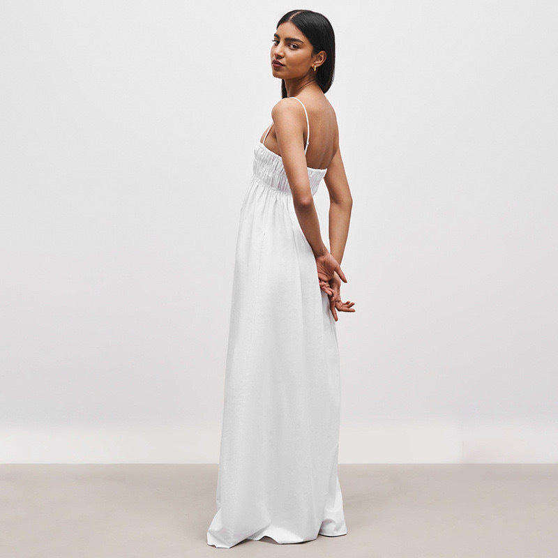 Damen Maxi-Kleid mit gerafftem Oberteil und seitlichen Taschen EB