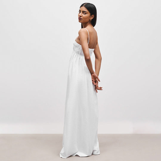 Damen Maxi-Kleid mit gerafftem Oberteil und seitlichen Taschen EB