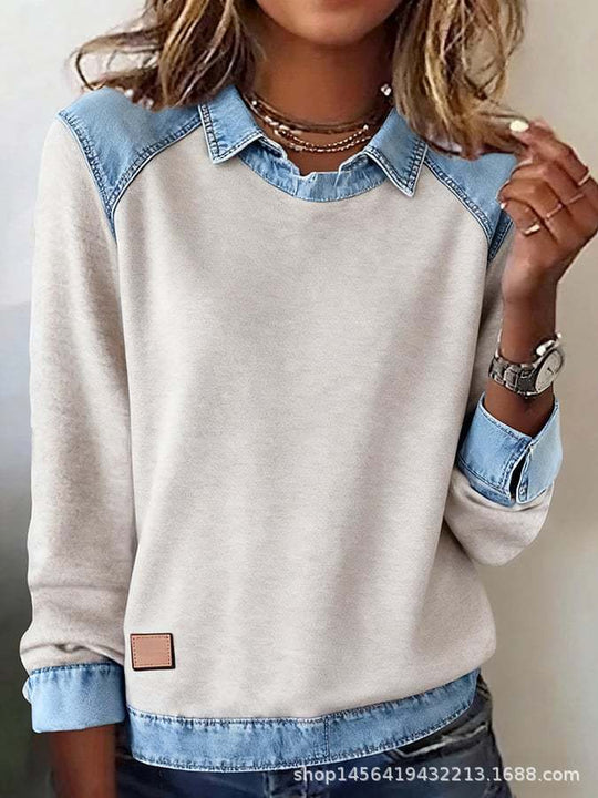 Damen nan gerippter Strickpullover mit Jeanskragen und Knopfleiste EB