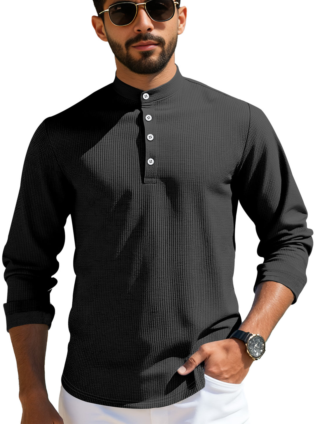 Herren nan strukturiertes Langarm-Henley mit Nehru-Kragen und Ton-in-Ton-Knopfleiste EB