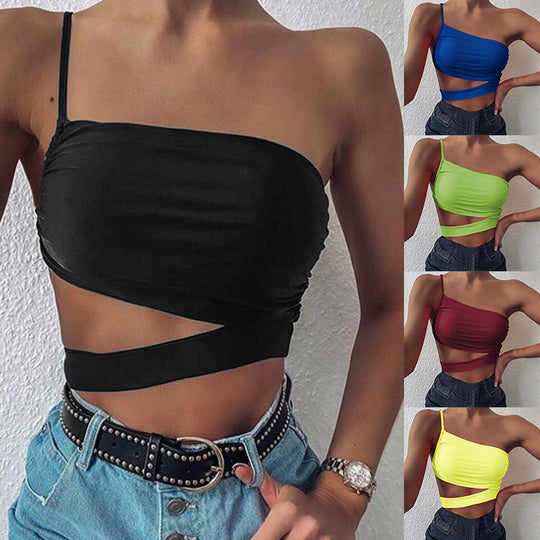 Damen asymmetrisches Crop-Top mit elegantem Wickeldesign EB
