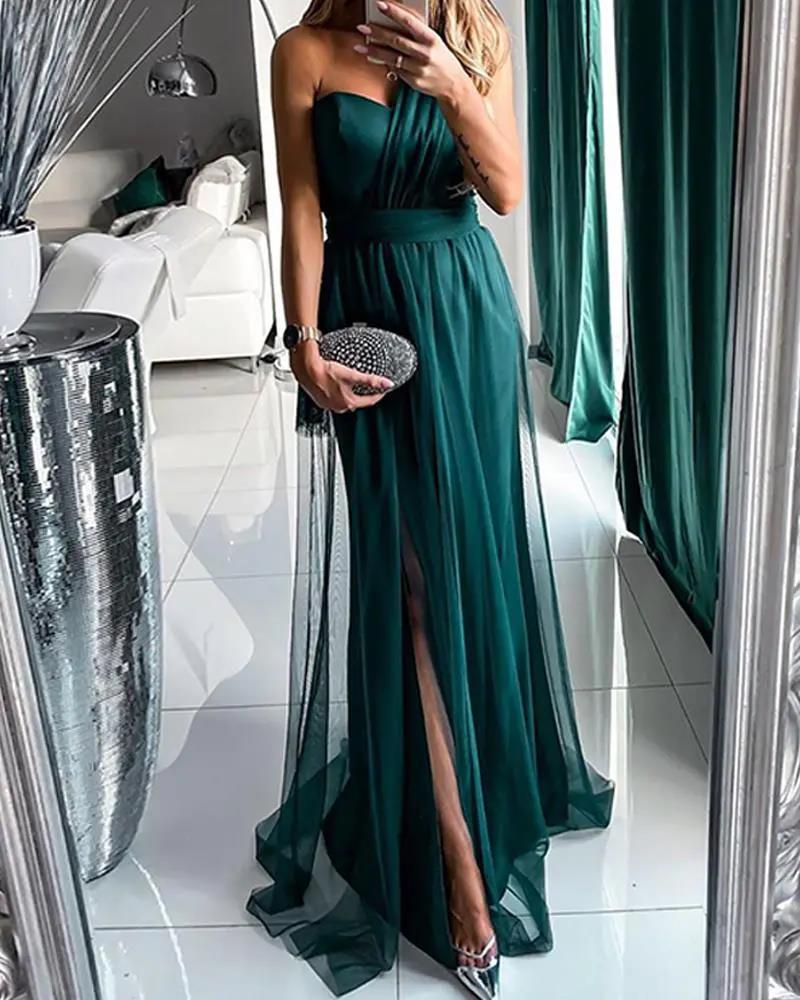 Damen Elegantes Abendkleid mit schulterfreiem Schnitt und hohem Beinschlitz EB