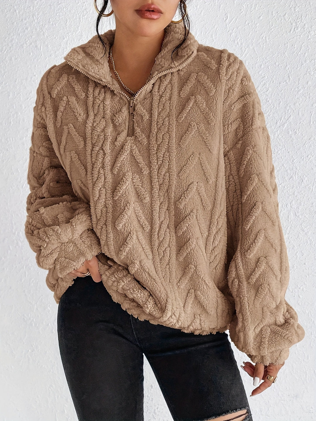 Damen Gemusterter Oversized-Fleece-Pullover mit hohem Kragen EB