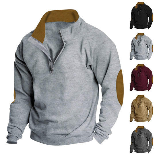 Herren nan Halbzip-Sweatshirt mit Stehkragen, Kontrastkragenfutter und Ellbogenpatches EB