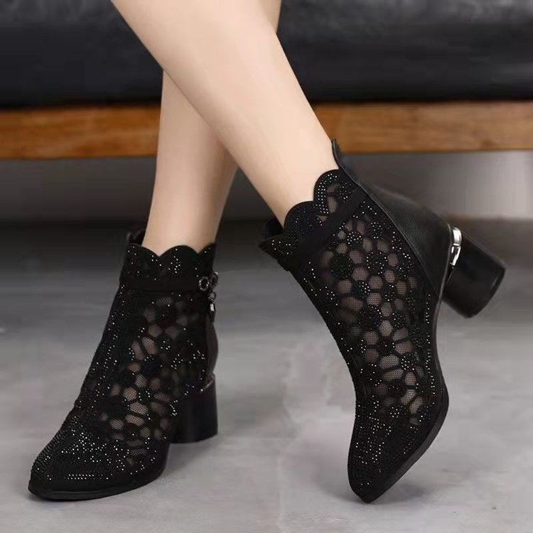 Damen elegante Ankle-Boots mit transparentem Blumendesign und komfortablem Blockabsatz EB