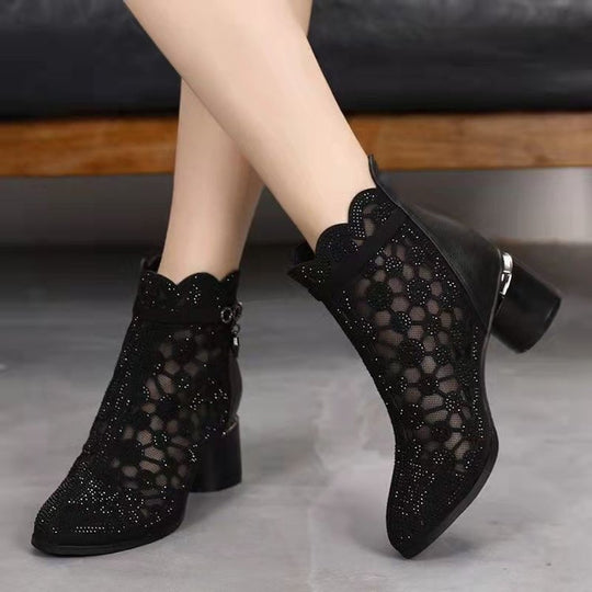 Damen elegante Ankle-Boots mit transparentem Blumendesign und komfortablem Blockabsatz EB