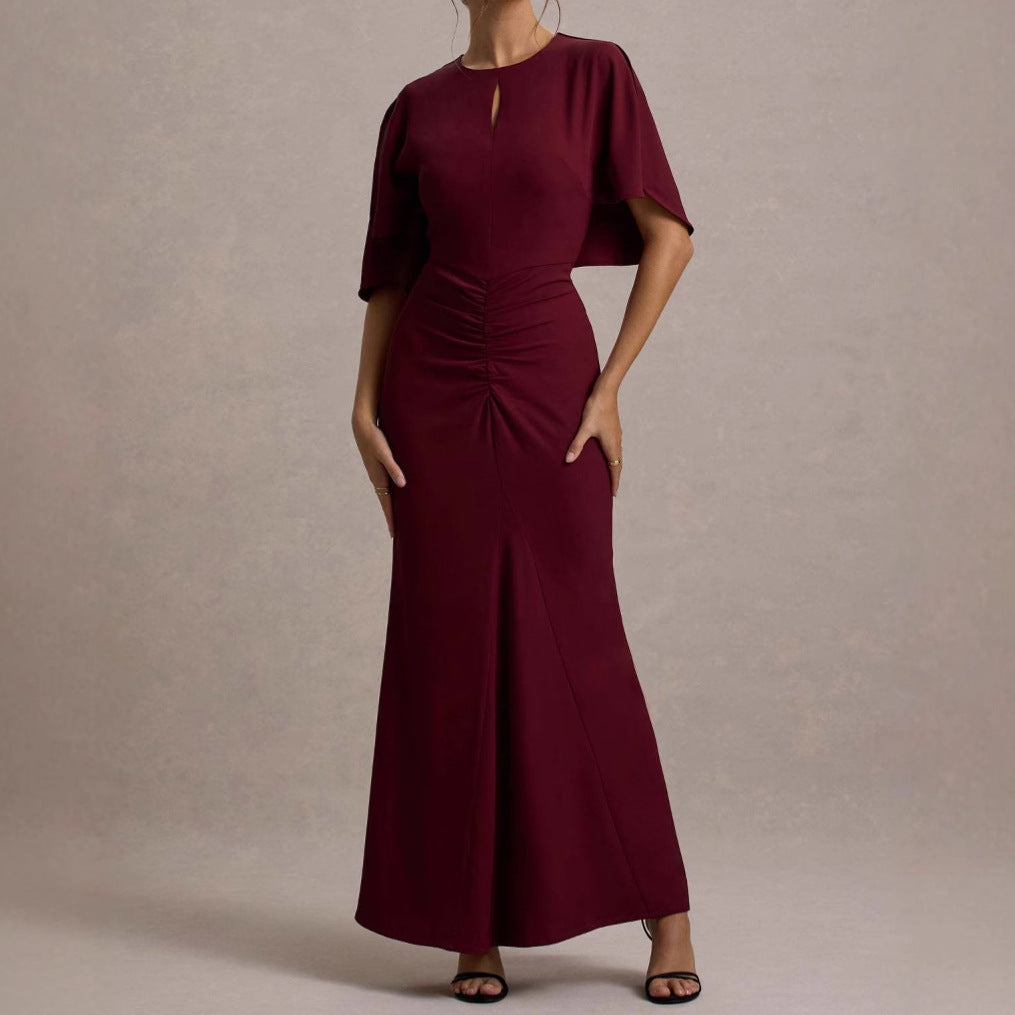 Damen Maxikleid mit eleganten Volantärmeln und taillierter Raffung EB