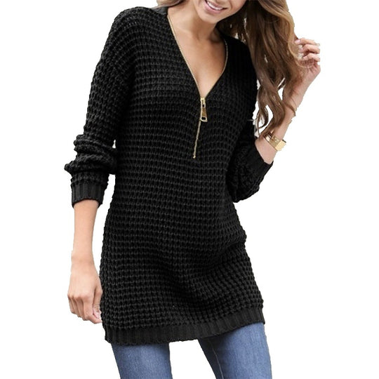 Damen Grobstrickpullover mit modernem Reißverschluss und lässigem Schnitt EB