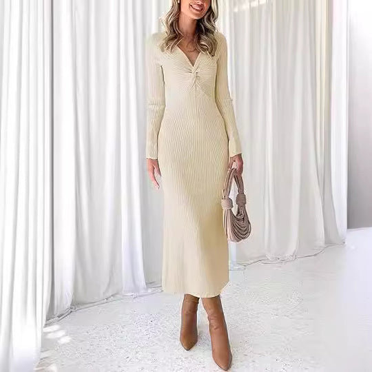 Damen elegantes Midikleid mit V-Ausschnitt und strukturiertem Rippdesign EB