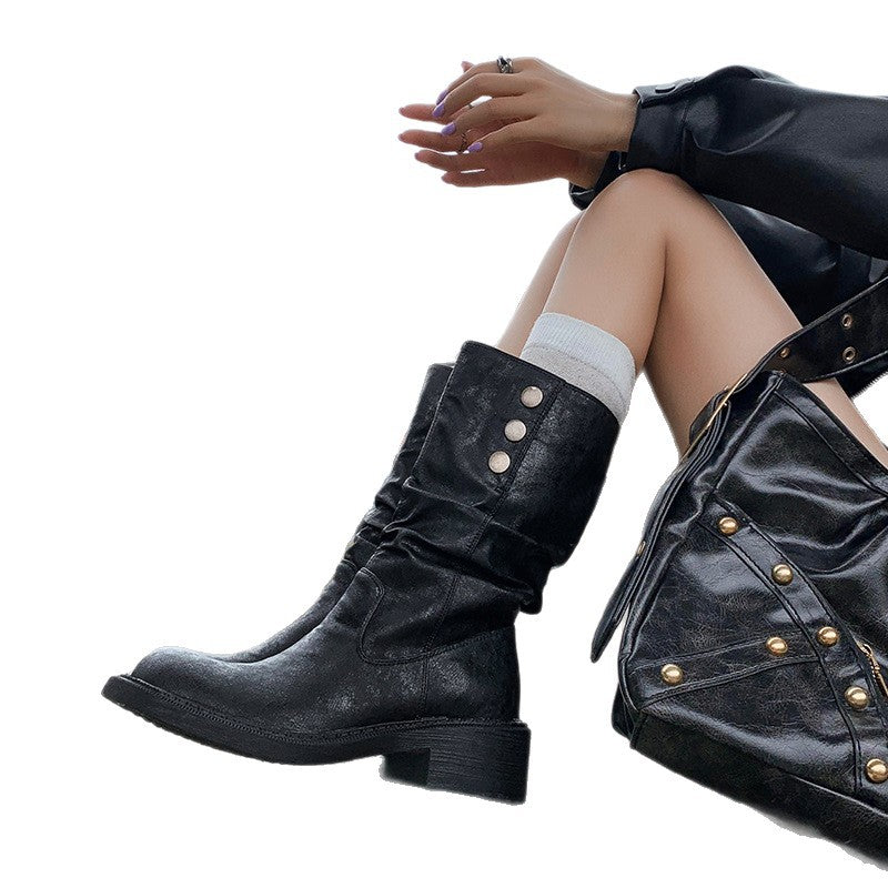 Damen Modische Stiefel mit gerafftem Schaft und dekorativen Knöpfen EB
