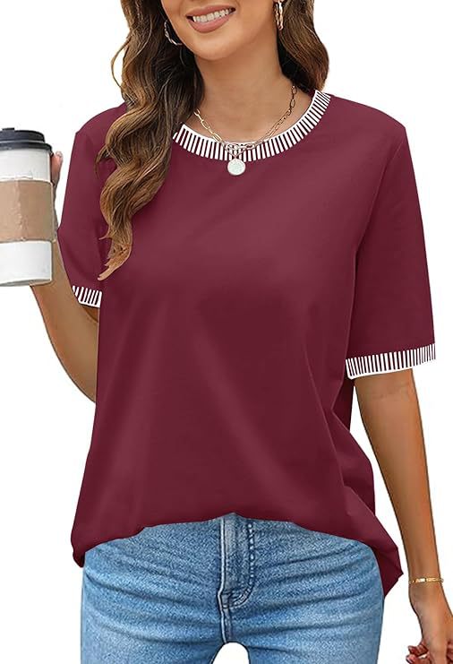 Damen Lässiges Kurzarm-Shirt mit Modischem Streifenkragen EB