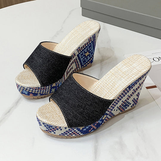 Damen modische Plateau-Sandalen mit dekorativem Gewebedesign EB