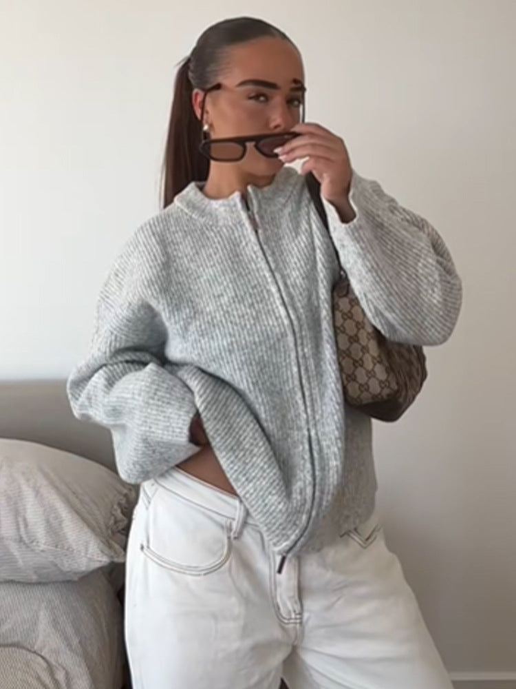 Damen kuschelige Strickjacke mit hohem Kragen und Reißverschluss EB
