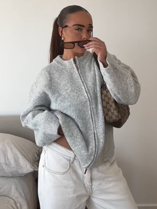 Damen kuschelige Strickjacke mit hohem Kragen und Reißverschluss EB