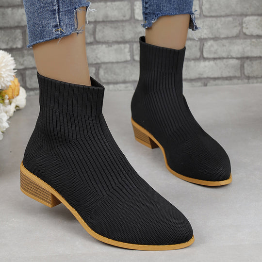 Damen nan gestrickte Sock-Ankleboots mit elastischem Schaft und niedrigem Holzblockabsatz EB