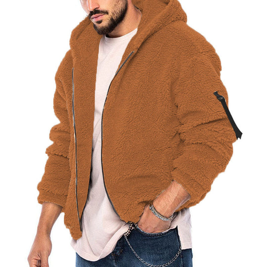 Herren kuschelige Teddyjacke mit seitlichen Reißverschlusstaschen und Kapuze EB