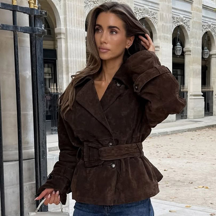 Damen modische Wildlederjacke mit Taillengürtel und voluminösen Ärmeln EB