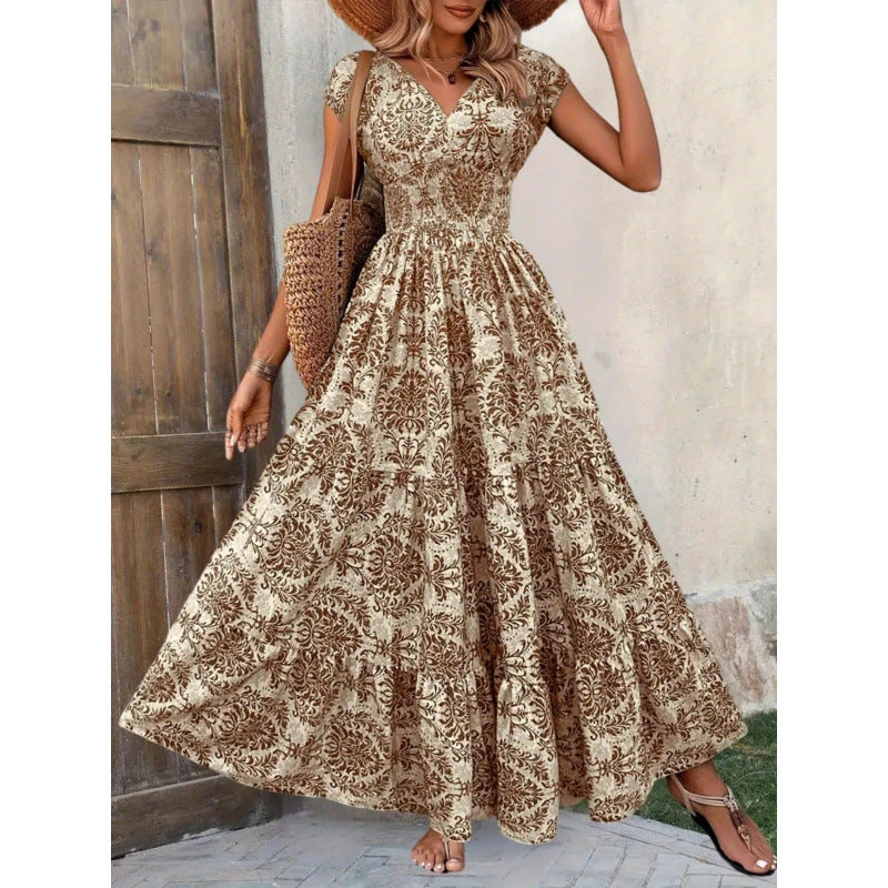 Damen Maxikleid mit nostalgischem Blumenmuster und voluminösem Rock EB
