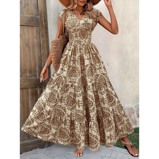 Damen Maxikleid mit nostalgischem Blumenmuster und voluminösem Rock EB