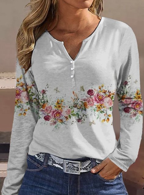 Damen Langarmshirt mit floralem Motiv und Knopfdetails EB