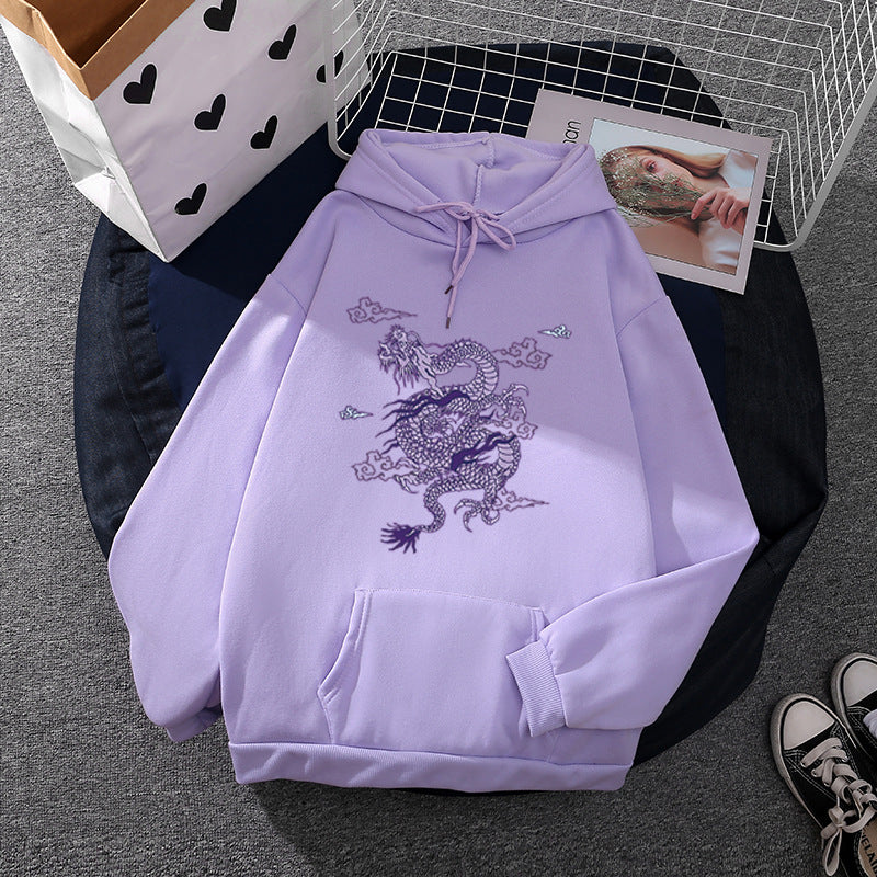Unisex nan oversized Kapuzensweatshirt mit detailliertem Drachendruck, angerautem Fleece-Innenfutter und Känguru-Tasche EB