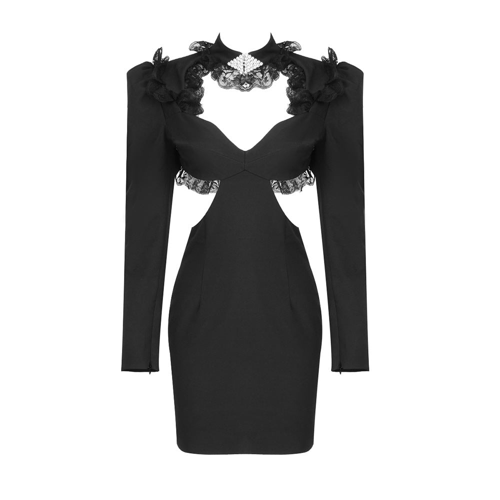 Damen elegantes Cut-Out Kleid mit Spitzenapplikationen und langen Ärmeln EB