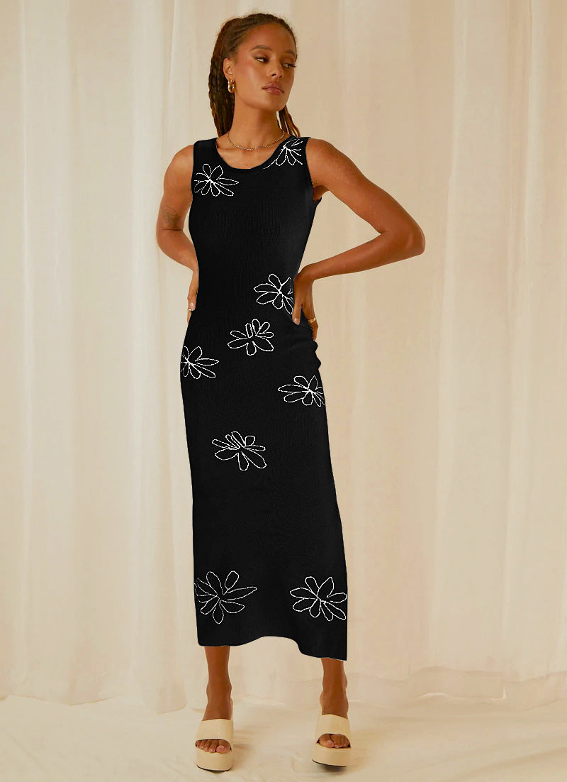 Damen Blumen Strickkleid mit schmalem Schnitt und ärmellosem Design EB