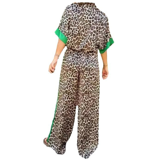 Damen eleganter Leoprint-Jumpsuit mit weiten Beinen und lockerer Passform EB