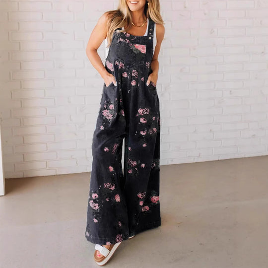 Damen Lässiger Denim-Hosenanzug mit floralem Print und weiten Beinen EB