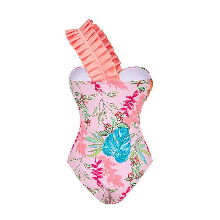 Damen Einteiler Badeanzug mit stilvollem Rüschendesign und floralem Muster EB