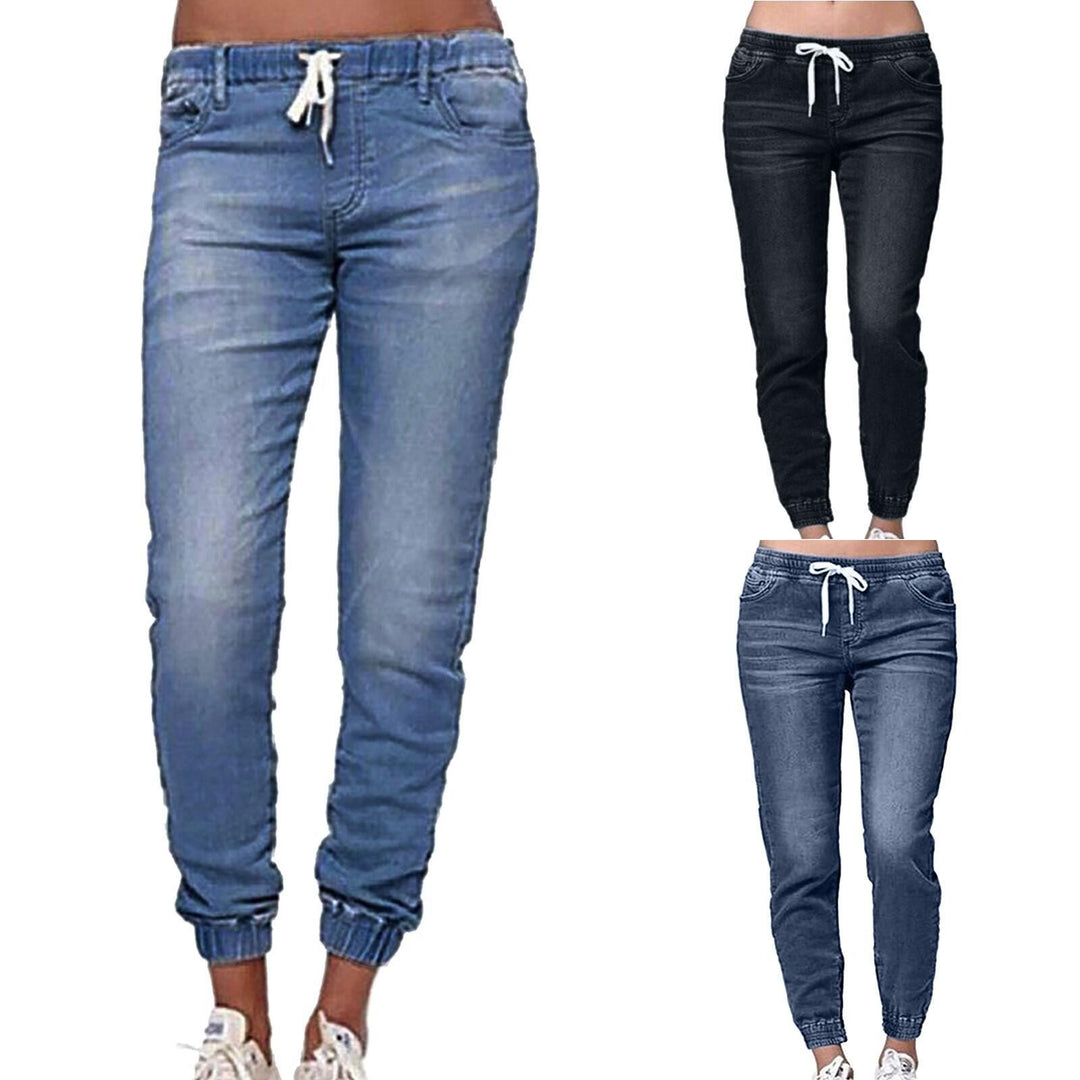 Damen nan schmal geschnittene Denim-Jogginghose mit Elastikbund, Tunnelzug und elastischen Beinbündchen EB